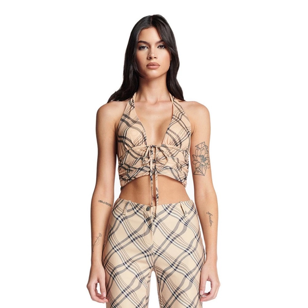 I.AM.GIA Plaid Tan Halter Crop Top